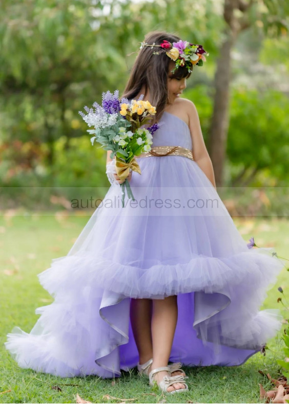 One Shoulder Lavender Tulle High Low Flower Girl Dress